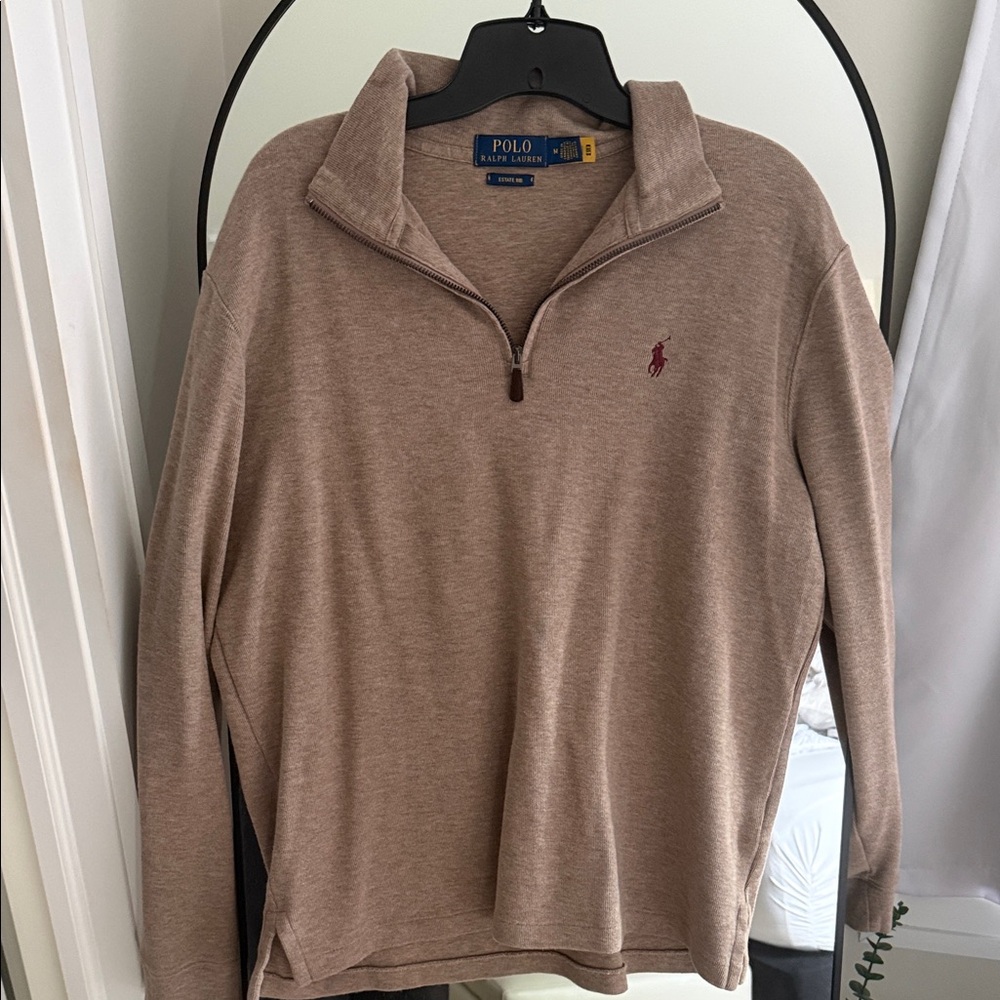 Ralph Lauren Taupe Quarter-Zip Sweater with Maroon Pony